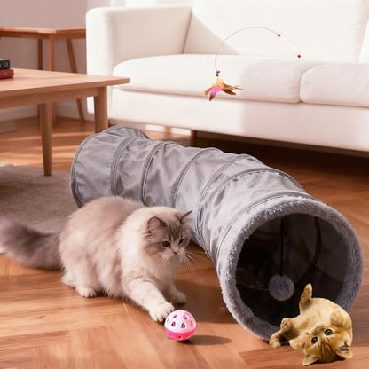 2-Way Collapsible Cat Tunnel Tube Toy Pack Set | Interactive Play Tunnel with Ball and Wand Toy for Indoor Cats, Kittens, Puppies & Rabbits - color: Grey fleece
