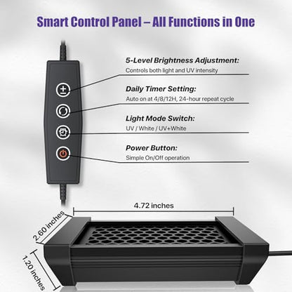5 Inch LED UVB Reptile Light with 24H Cycle Timer & Dimmer | 4W UVA UVB Lamp, UVI Switching, Brightness Adjustment for Turtle, Bearded Dragon, Lizard and More(No Heat) - size: 5 inches