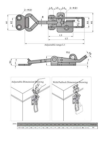 Adjustable Latch Buckle Cabinet Boxes Lever Handle Toggle Catch Latch Lock,Silver,Adjustable Range:97-123mm,2 Pcs - size: 2S,Range:97-123mm