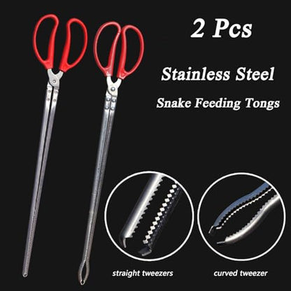 Booge 2 Pcs Stainless Steel Snake Feeding Tongs, 15 Inch Straight and Curved Extra Long Tweezers for Ball Python, Lizards, Bearded Dragon, Gecko