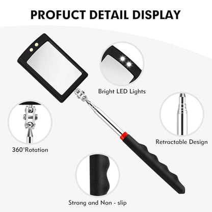 12-35 Inch Extendable Inspection Mirror, 360-Degree Rotation LED Inspection Mirror Telescoping, Telescoping Mirror for Mechanic Checking Vehicle and Extra Viewing