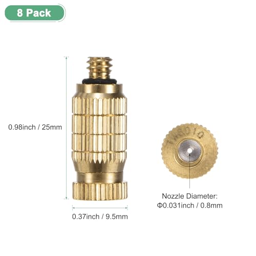 M METERXITY 8-Pack Brass Misting Nozzles, 0.031"/0.8mm Orifice Mister Nozzles Brass, High Pressure Spray Misting Nozzle Head for Outdoor Cooling System/Greenhouse/Landscaping [10/24 UNC] - size: 0.8mm