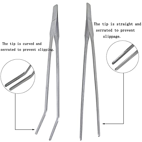 2 Pcs Feeding Tongs, Aquarium Tweezers Straight and Curved Tweezers Set | 27cm/10.6 inches Stainless Steel Aquascaping Tools for Hold Worms, Reptiles, Lizards, Bearded Dragon (Silver)