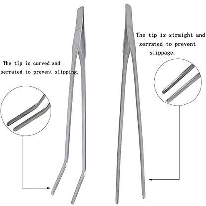 2 Pcs Feeding Tongs, Aquarium Tweezers Straight and Curved Tweezers Set | 27cm/10.6 inches Stainless Steel Aquascaping Tools for Hold Worms, Reptiles, Lizards, Bearded Dragon (Silver)