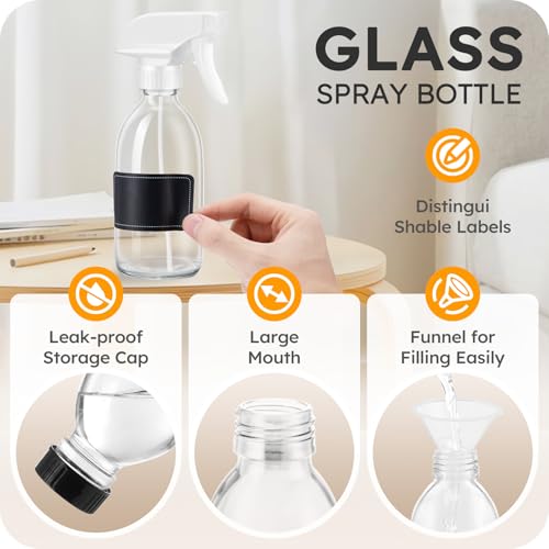 Tecohouse Glass Spray Bottles 8oz, 2 Pack Clear Glass Spray Bottles | Small Empty Glass Spray Bottles for cleaning, Plants, Pets, Hair, Durable Spray Nozzle, Fine Mist, Labels, Funnel, Pipettes - color: Clear White Lids