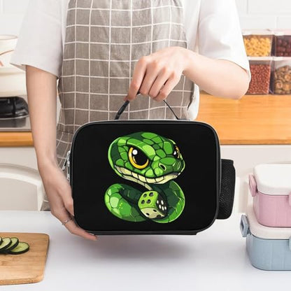 Snake with Dice Insulated Lunch Bag Polyester 27x21x9cm | Makeup Storage Tote with Removable Handle and Mesh Side Pocket for Women Men Work Picnic Travel
