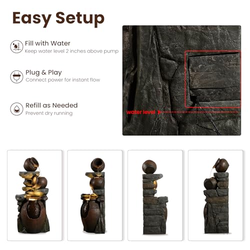 Rustic Jar Outdoor Water Fountain with Planter 38.5" Large Tiered Waterfall with Warm LED Lights, Handcrafted Resin Fountain for Zen Garden, Deck & Indoor Home Decor