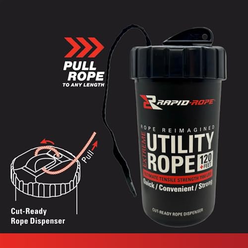 Rapid Rope Canister, 120ft Black Tactical Paracord, 1100lb Test, USA Made | Heavy Duty Poly Rope Test Cord, Non-Tangle Dispenser Included, For Hiking, Camping, Survival, Utility, Stocking Stuffer, Gift - size: 120ft, style: Black