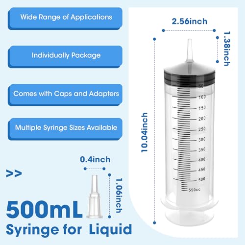 500mL Plastic Syringe for Liquid - Large Syringes with Adapter for Scientific Labs, Feeding, Oil Filling, Individually Wrapped, 1 Pack - style: 500mL