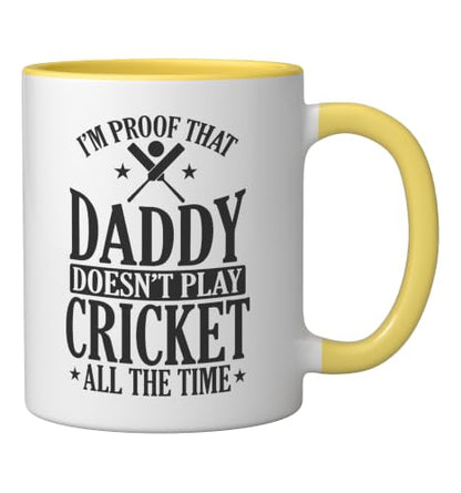 Daddy doesn't play Cricket all the Time Ceramic Mug, Yellow/White, 11oz - color: Yellow/White, size: 11 Ounces