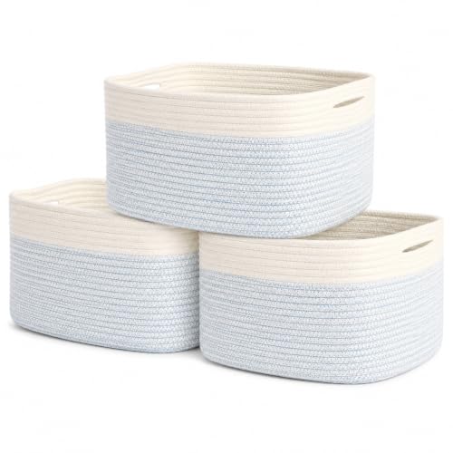 OrganiHaus Cotton Rope Baskets for Shelves, Set of 3, 15x9x10 | Handwoven; a toy bin and organizer for towels, books, or blankets; fits nursery, playroom, or bedroom decor - color: Blue / Off-White