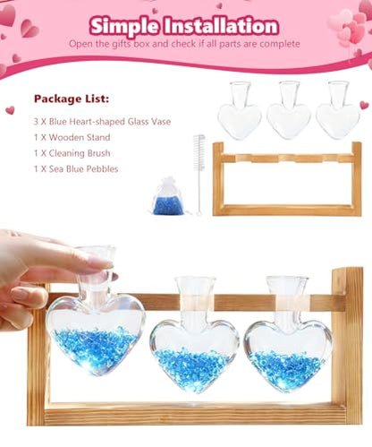 Plant Terrarium with Wooden Stand, 3 Heart Bulb Glass Vases | Wooden Stand Tabletop for Air Planter, Gifts for Mom Plant Lovers Mom Women Wife Grandma - color: Transparent