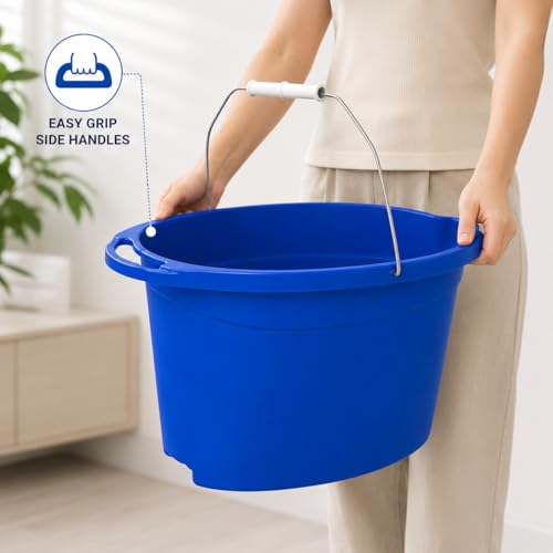 12 Quart Plastic Oval Bucket, Blue Multi-Purpose Utility Pail for Cleaning, Storage, Rinsing, Laundry, Car Wash, Home, Garage, Indoor and Outdoor Use