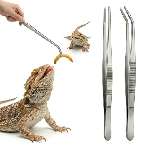 Aquarium Tweezers, 10 Inch, Stainless Steel, Straight & Curved, 2 PCS, Long Reptile Feeding Tongs for Bearded Dragon, Lizard, Snake, Fish Tank