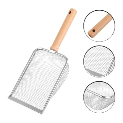 SEWACC Reusable Stainless Steel Reptile Litter Scoop with Ergonomic Wooden Handle, Wear-Resistant Pet Poop Clean Tool for Tortoises and Lizards, Big Wide Mouth Design for Easy Terrarium