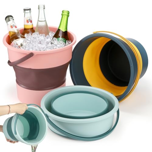 Noamus 3 Pack 2.6 Gallon Collapsible Plastic Bucket, 10L Foldable Round Tub with Handle, Folding Portable Fishing Water Pail, Space Saving Outdoor Waterpot for Garden Camping Car Mop Cleaning Beach