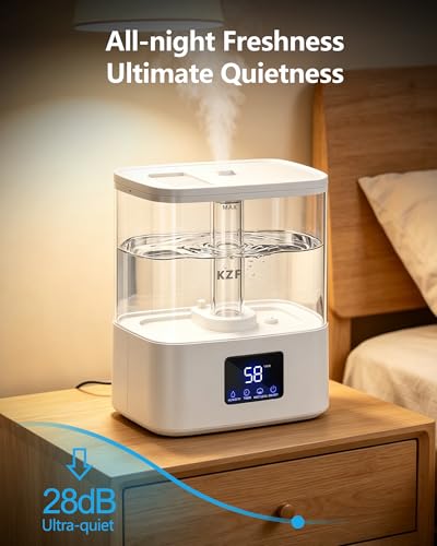 KZF 4L Top Fill Humidifiers for Bedroom & 40H Runtime - Cool Mist Humidifier, 3 Mist Levels, 8H Timer, Essential Oil Tray, Humidity Display, Quiet for Baby, Plants, Large Room (White, 4, Liters) - color: White