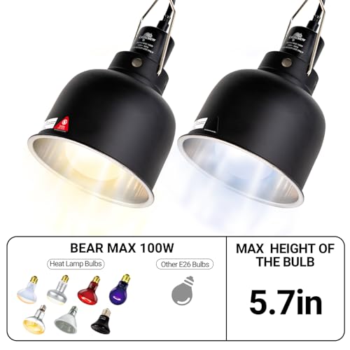 2 Pack Reptile Light Fixture, 5.5in Deep Dome Reptile Lamp Fixture, Optical Reflection Cover, Separate Switch & Hook, Terrarium Light Fixture for Reptile Heat Basking UVB Bulbs, 100W, Black - size: 5.5in