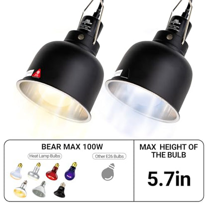 2 Pack Reptile Light Fixture, 5.5in Deep Dome Reptile Lamp Fixture, Optical Reflection Cover, Separate Switch & Hook, Terrarium Light Fixture for Reptile Heat Basking UVB Bulbs, 100W, Black - size: 5.5in