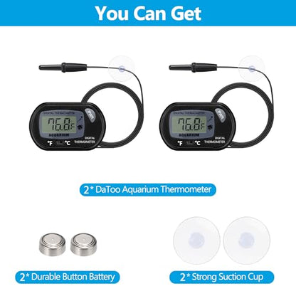DaToo Aquarium Thermometer with Large LCD Display Fahrenheit/Celsius(℉/℃) Fish Tank Thermometer for Aquarium Reptile Terrarium Digital Water Thermometer with Suction Cup(2 Pack) - size: 2 Pack