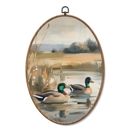 Yorhifa Vintage Mallard Duck Framed Wall Art, Countryside Lake Oval Wall Art, Wildlife Nature Pond Oval Walls Decor, Farmhouse Rustic Farm Animal Canvas Artwork Hanging Decor, 8.5x11.5 Inch - color: color_2