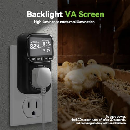 1800W Digital Thermostat for Reptile Tank, -40℉~210℉, Plug in Thermostat for Heater/Greenhouse with 5m/2m Cable, 15A Temperature Controlled Outlet with VA Display, Temp ±0.1°F, Black - color: Plug In-black