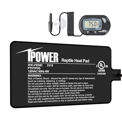 iPower 4 by 7-Inch 4W Reptile Heat Mat, LCD Digital Aquarium Thermometer, Under Tank Warmer Terrarium Heat Pad for Turtles Lizards Frogs and Other Small Animals, Multi Sizes - size: 4 X 7 Inch, style: Pad + Thermometer
