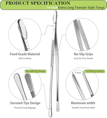 JETKONG 2 Pcs 14-Inch Food Tweezers Stainless Steel Tweezer Tongs Extra-Long Cooking Tweezers (Silver) - color: Silver, size: 14+14 Inch