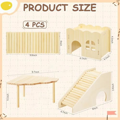 BreezeHug 4 Pcs Hamster Cage Accessories Hamster Platform Hideout Wooden Tunnel Ladder Playhouse Game Climbing Toy with Platform for Pets Dwarf Syrian Mice Degus Gerbils Squirrel(Wave) - style: Wave