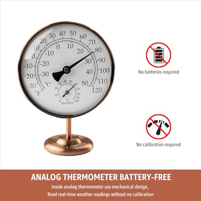 4" Indoor Thermometer & Humidity Gauge, Brass Dial with Stand | Room Analog Temperature & Humidity Monitor, Dual Scale Display, Battery-Free For House Home Desk Bedroom Garage RV