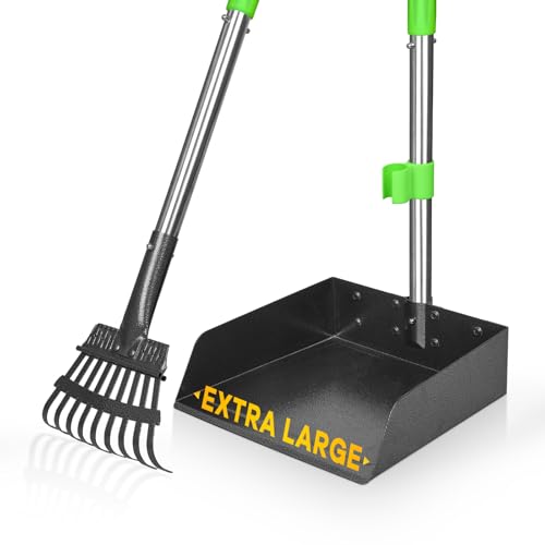 Larger Pooper Scooper for Large Dogs Long Handle Stainless Metal | Dog Pooper Scooper for Large Medium Small Dogs Tray and Rake Set Heavy Duty - size: 2. Rake + Extra Large Tray