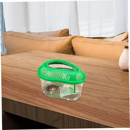 Portable Reptile Feeding Tank with Enclosed Lid Small Green Pet Transport Container for Snake Breeding Turtle and Crab Catching Convenient Handle Sunbathing Platform