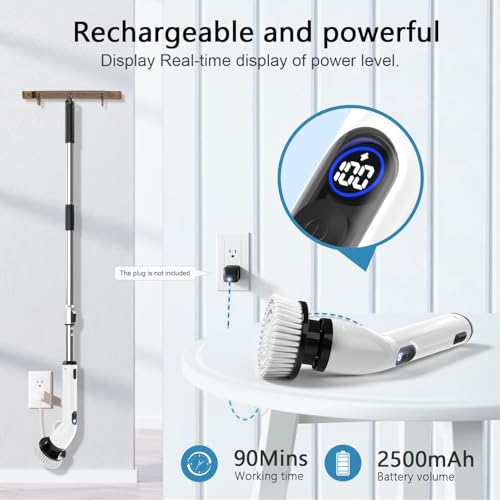 Electric Spin Scrubber,8 Replaceable Brush Heads for Home | IPX7 waterproof power scrubber with LCD display, multi heads, extendable handle, 90min runtime for bathroom kitchen glass car - color: Grey White