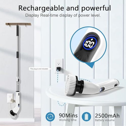 Electric Spin Scrubber,8 Replaceable Brush Heads for Home | IPX7 waterproof power scrubber with LCD display, multi heads, extendable handle, 90min runtime for bathroom kitchen glass car - color: Grey White