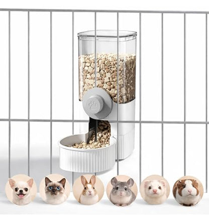 41 oz Hanging Gravity Feeder for Small Animals, Rabbits & Guinea Pigs | Adjustable Cage Height | No-Open-Cage Refill | Space-Saving | Clear Reservoir | Versatile Food Compatibility - color: White