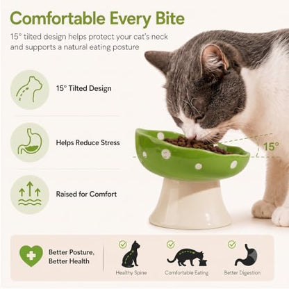 Green Mushroom Cat Bowl, Elevated Ceramic Bowl for Cats | Elevated, Ceramic, Whisker Friendly, Wide Opening, Anti Vomiting - color: Green