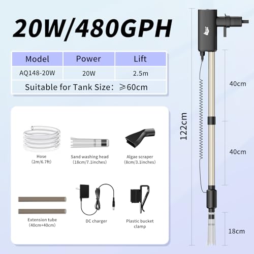AQQA Aquarium Vacuum Gravel Cleaner, 20W, 480GPH | Electric Rechargeable, Automatic Water Changing, Debris Clean & Sand Washing, Strong Suction, 4-Speed Adjustable