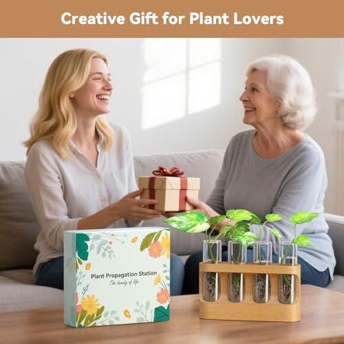 Plant Propagation Station with Wooden Stand, Gardening Gifts for Mom Women Plant Lovers, 9-Level Dimmable LED Light 4 Glass Test Tubes Vases for Hydroponic Plants - Desktop Terrarium for Desk Decor - size: Without Light