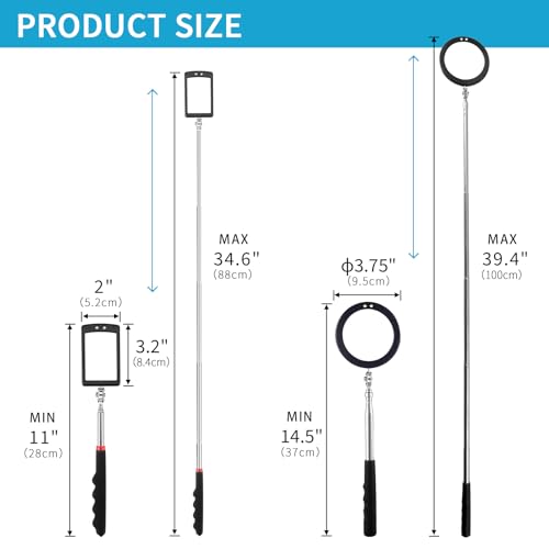 2 Pieces Telescoping Inspection Mirror LED Light Set with Large 3.75" Round Mirror, and 3.3" Square Mirror, Flexible 360 Swivel, for Inspection Viewing, Mechanic Checking, Observation - style: 3.75" Round & 3.3" Square