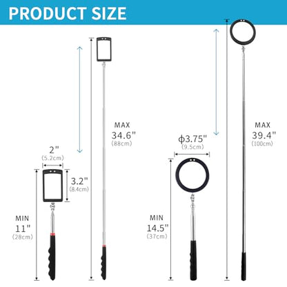 2 Pieces Telescoping Inspection Mirror LED Light Set with Large 3.75" Round Mirror, and 3.3" Square Mirror, Flexible 360 Swivel, for Inspection Viewing, Mechanic Checking, Observation - style: 3.75" Round & 3.3" Square