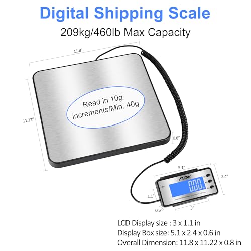ACTECK Digital Shipping Postal Scale, 460 lb x1oz High Accuracy with Stainless Steel Platform, LCD Backlight, Four Reading Modes, Tare/Hold Function, Battery AC Adapter Incuded