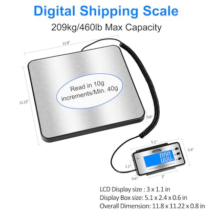 ACTECK Digital Shipping Postal Scale, 460 lb x1oz High Accuracy with Stainless Steel Platform, LCD Backlight, Four Reading Modes, Tare/Hold Function, Battery AC Adapter Incuded