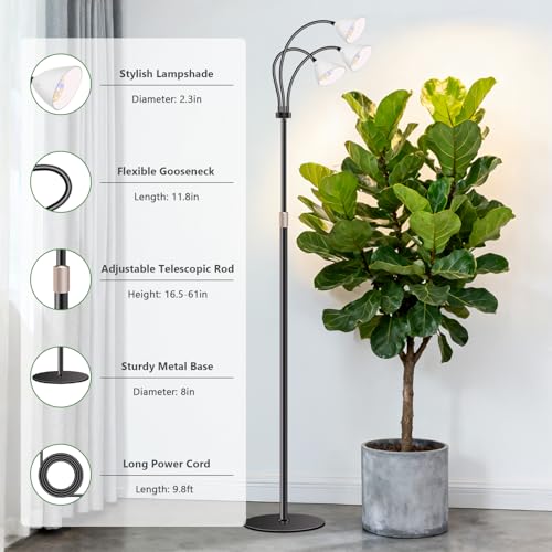 Floor Grow Lights for Indoor Plants, Full Spectrum, for Tall Plant | 3-Head Gooseneck Grow Lamp, 2.3in Spotlight-Style Heads, 78 Red/Blue/White LEDs, Timer & Dimming, 16.5-61in Height, Black - size: 3-Head