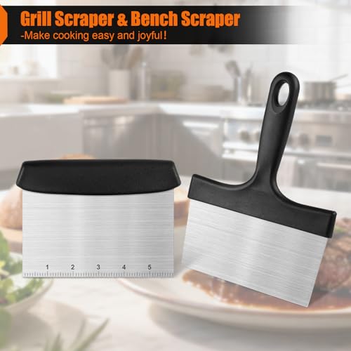Grill Scraper&Bench Scraper Set，Food Scraper with Handle for Blackstone, Flat Top Grill Cleaning，Premium Stainless Steel Dough Cutter with Measuring Scale for Pastry,Cake,Pizza,Bread,Cooking - style: Grill Scraper&Bench Scraper Set