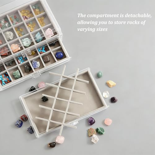 Rock Display Case, 54 Girds Rock Collection Display, Rock Collection Box for Kids with Acrylic Cover and Velvet Compartment, Gemstone Display Case for Stones, Crystals, Gems (Grey) - size: Grey