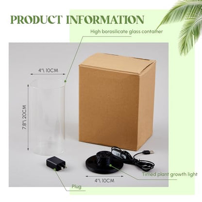 Glass Terrarium Kit with LED Grow Light for Desktop,7.9 x 3.9 Inch | Self Contained Ecosystem, Large Capacity Succulents Moss Venus Fly Trap, Borosilicate Planter, Miniature Garden Home Decor