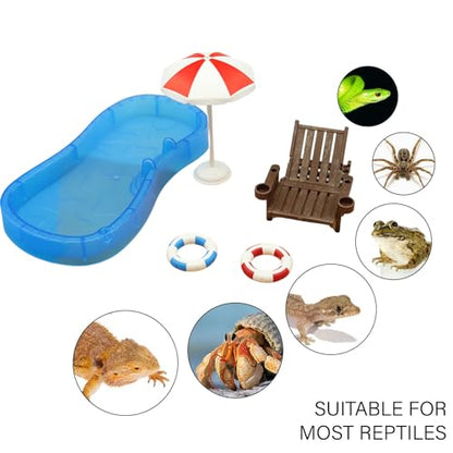 Tree Frog Tank Accessories - Novelty Pool Theme Set Turtle Habitat Decoration Reptile Water Food Bowl for Amphibian Aquatic Frog Toad Lizard Leopard Gecko Hermit Crabs Snake Spider Scorpion (Pool Set)