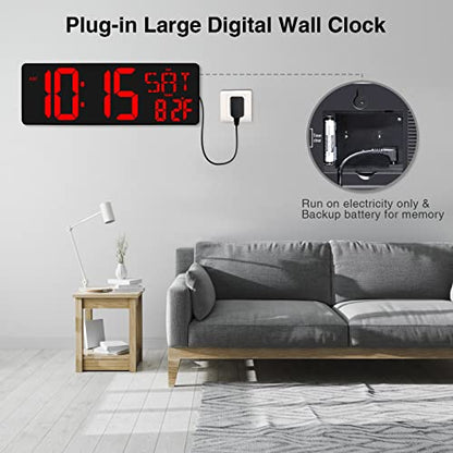 XREXS 17.2 Inch Large Digital Wall Clock with Remote Control | LED Large Display Count Up & Down Timer, Adjustable Brightness Plug-in Alarm Clock with Temperature for Home, Office, Gym - color: Red