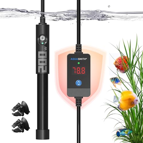 AQUASMITH 200W Aquarium Heater Precise Control Fast Heat Auto Off Anti Dry Burn 18-26Gal Tank | External LED precise temp control, fully submersible installation, explosion-proof tube for fresh & salt water - size: L