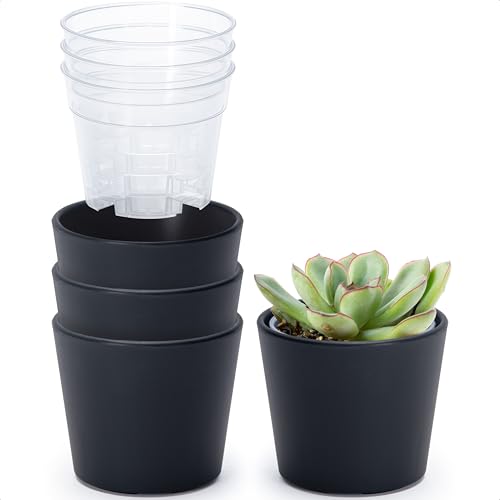 Phoenix Vine 3.5 Inch Black Plastic Cachepot with Clear Nursery Pot, Decorative Lightweight Planter Cover with Transparent Inner Pot for Indoor Houseplants, Pack of 4, 24-A-E-4 - color: Matte Black, size: 3.5" (4 Pack)